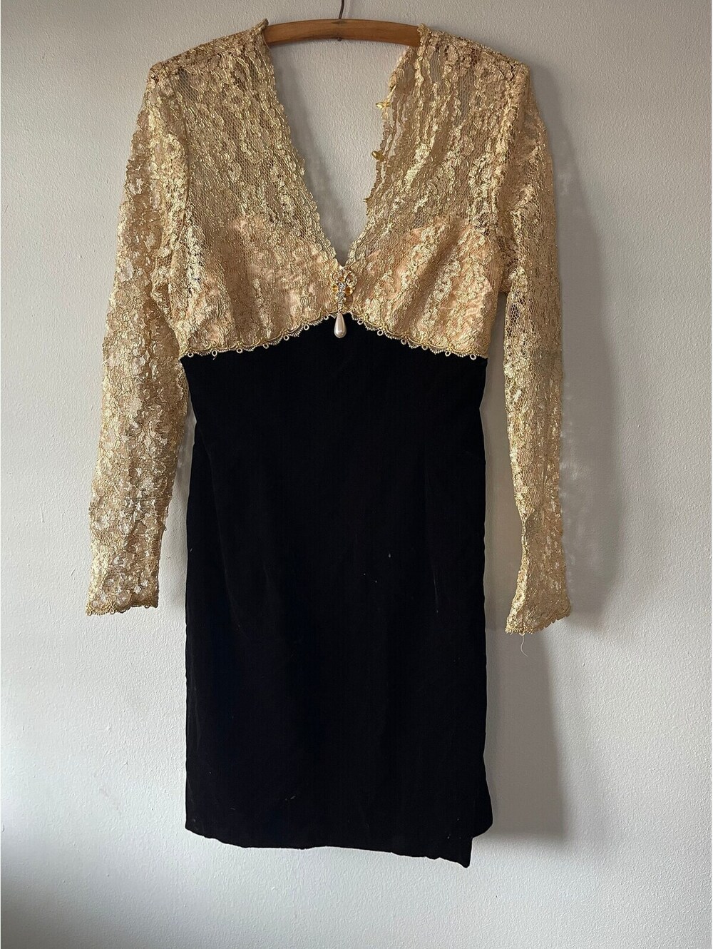 Vintage 90s SCOTT McCLINTOCK Gold Lace velvet DRESS Medium Y2K Glam